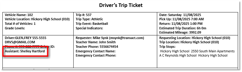 Driver Trip Ticket with Assistant highlighted